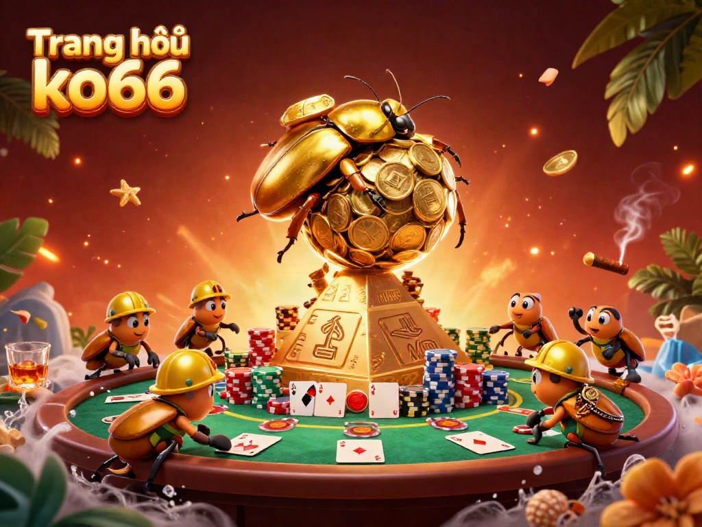 Engage with Trang chủ ko66, featuring a golden beetle in a vibrant 3D casino-themed scene.