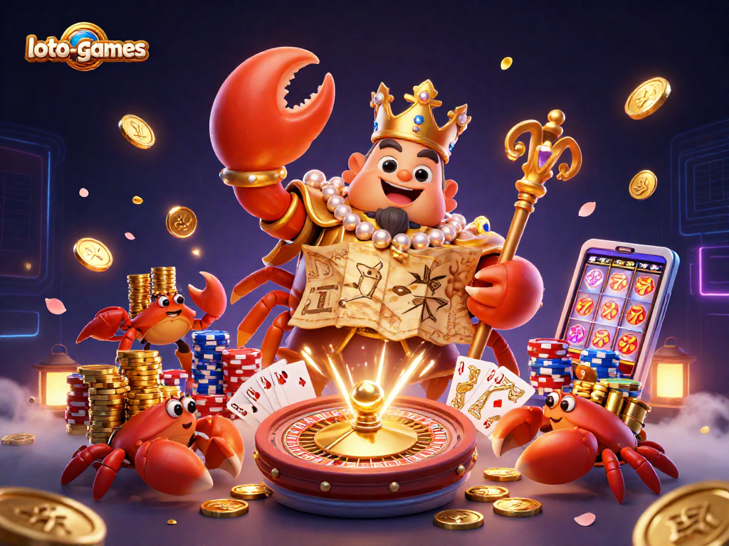 Loto-games promotional illustration featuring a golden crab emperor surrounded by casino elements and treasures.