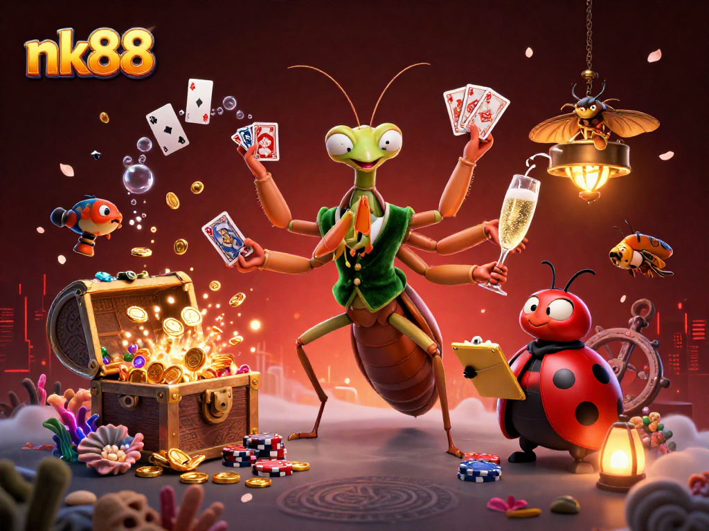 Engaging players at nk88 with card games amidst treasures and vibrant casino elements.