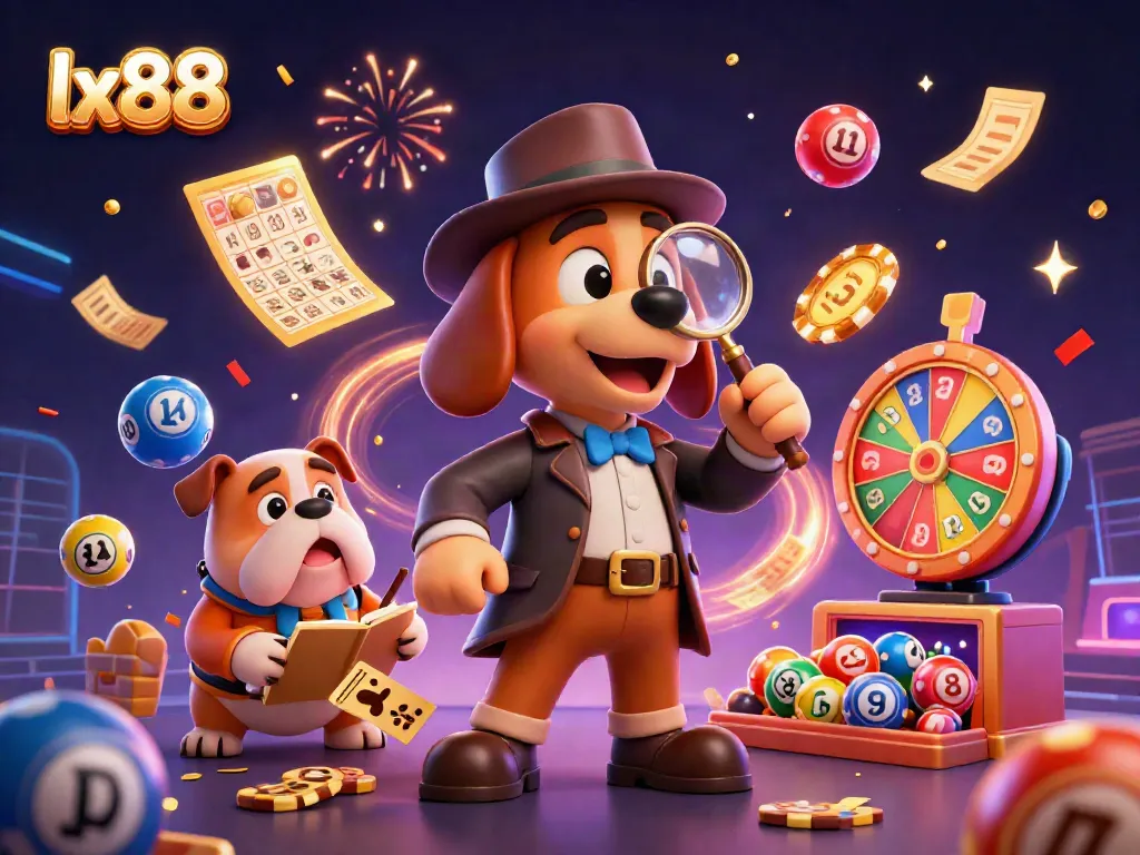 Engage with lx88 in this vibrant 3D casino illustration featuring colorful gameplay elements and characters.