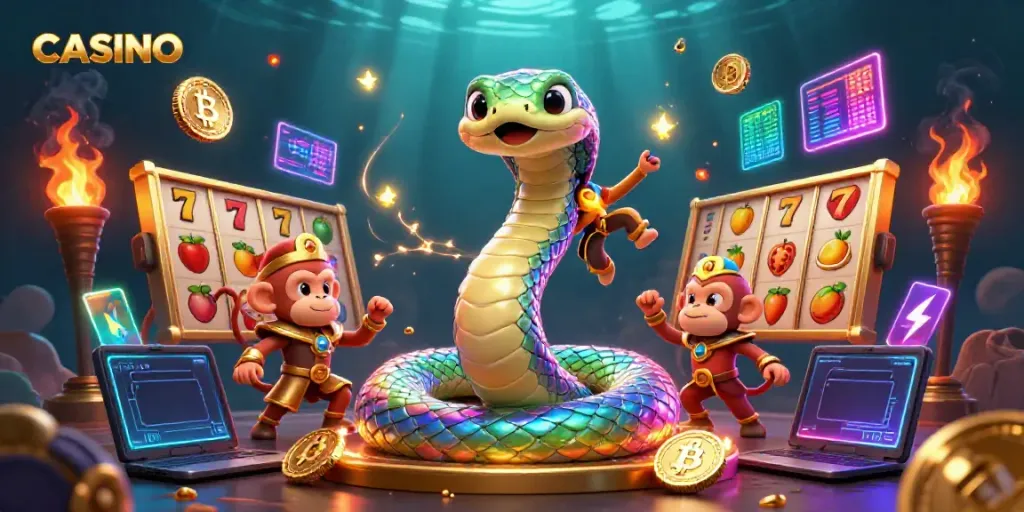 Engaging CASINO illustration featuring a rainbow serpent and monkey king with slot game elements.
