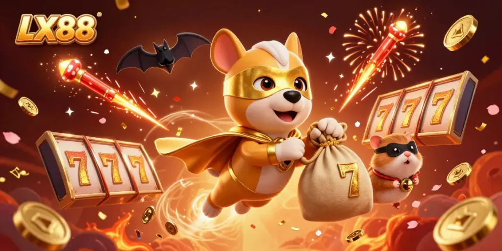 Join the LX88 adventure with a superhero dog and hamster amidst exciting casino elements.