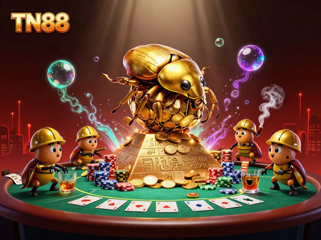 Engage with TN88's vibrant casino scene featuring golden beetles and poker chips.
