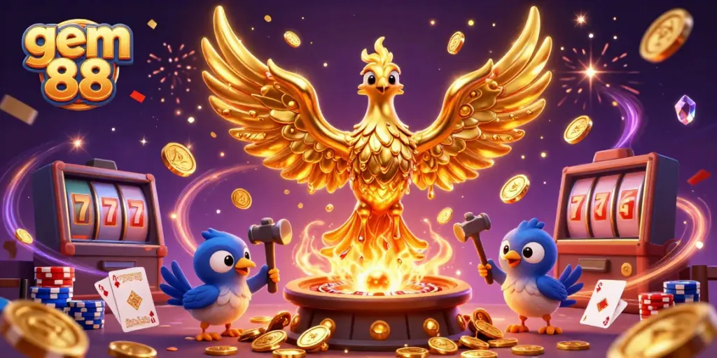 Experience the thrill at gem 88 with dynamic casino games, showcasing molten phoenix and winning elements.