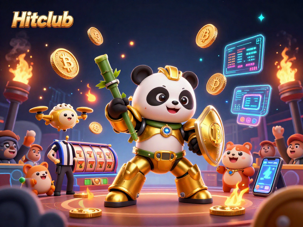 Engage with Hitclub's dynamic slot games featuring a mech-suit panda and vibrant crypto elements.