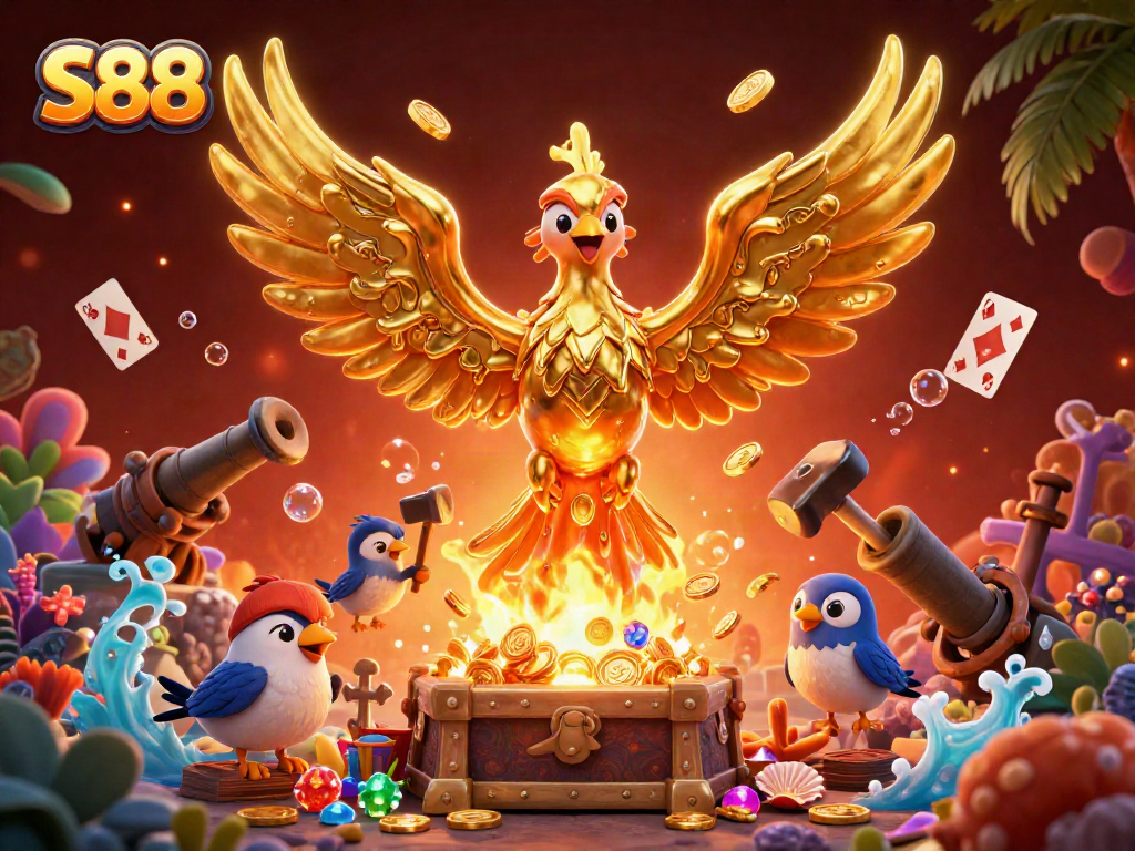 S88 players unleash winning strategies in a vibrant casino scene featuring the golden phoenix and treasure elements.