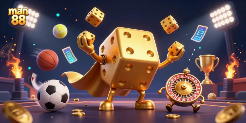 Experience thrilling gameplay with man 88's animated golden dice golem and sports elements celebrating winning.