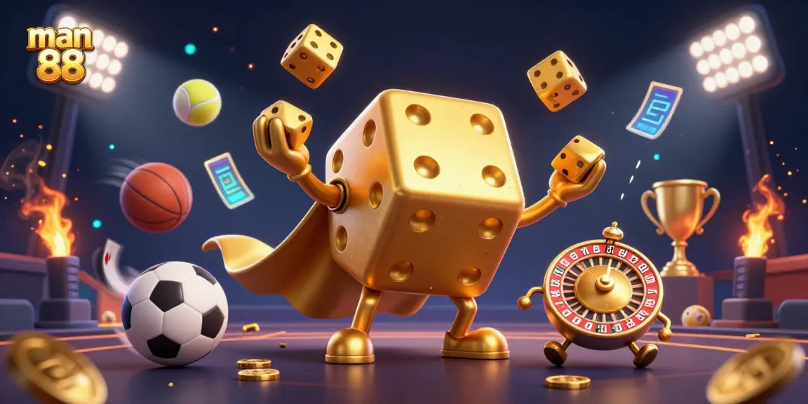 Experience thrilling gameplay with man 88's animated golden dice golem and sports elements celebrating winning.