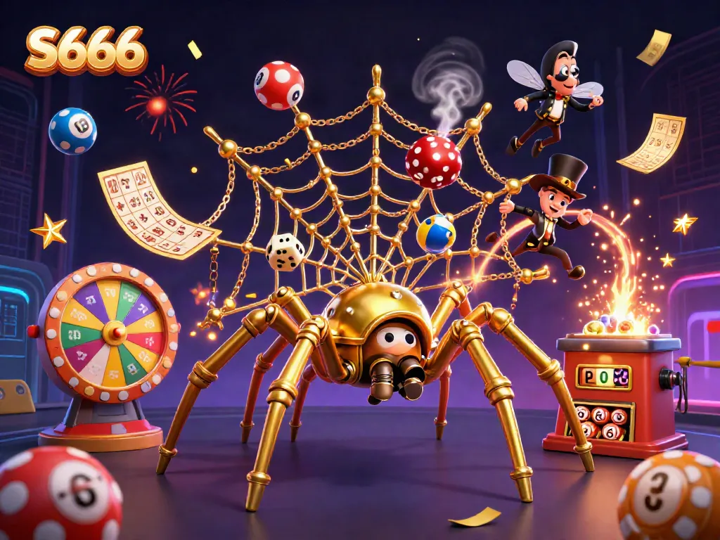S666 vibrant casino scene with steampunk spider catching dice, surrounded by lottery balls and prizes