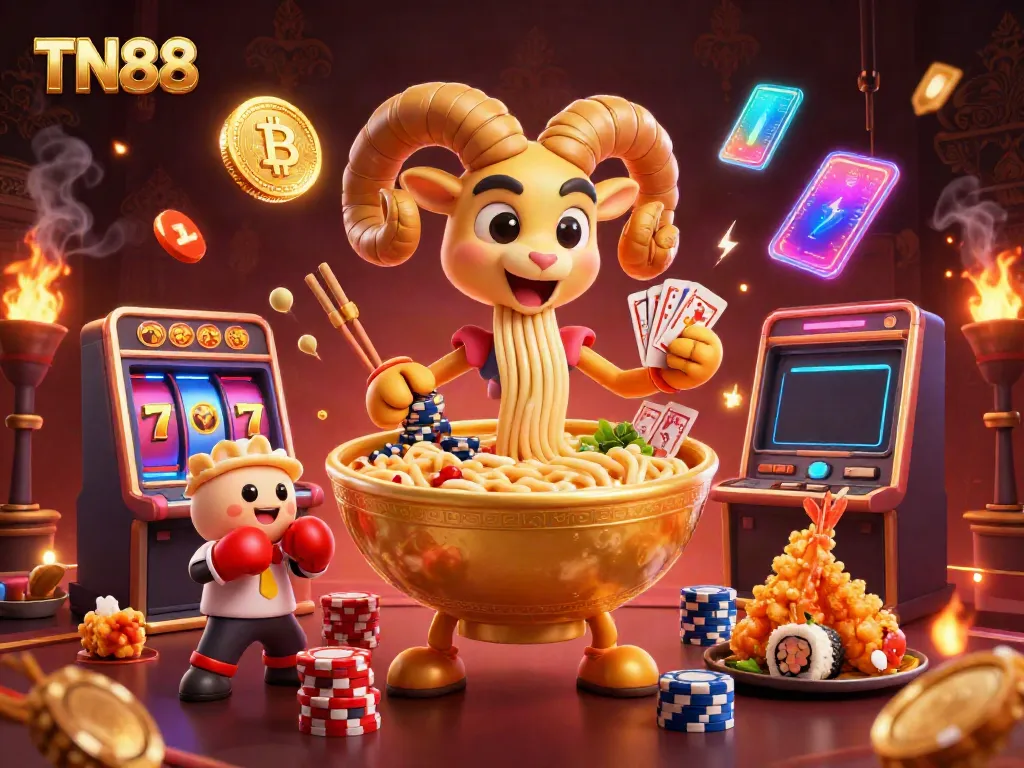 Engage with TN88's vibrant casino scene featuring a golden ramen bowl character and slot reels.