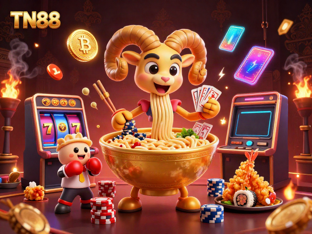 Engage with TN88's vibrant casino scene featuring a golden ramen bowl character and slot reels.