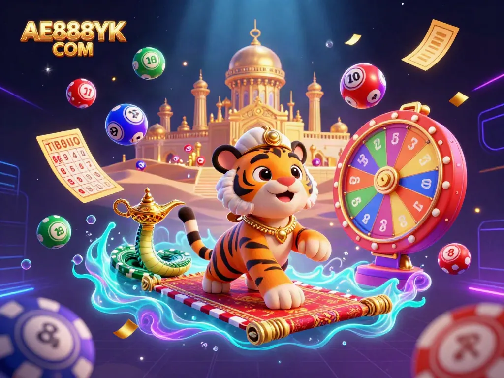 Engage in thrilling gameplay at AE888YK COM with a vibrant 3D illustration showcasing a tiger sultan and dynamic game elements.