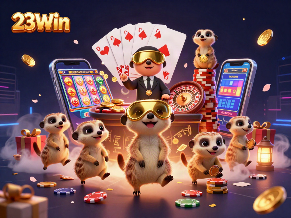 Experience 23Win excitement with meerkats managing a vibrant casino adventure amidst gaming glamour.