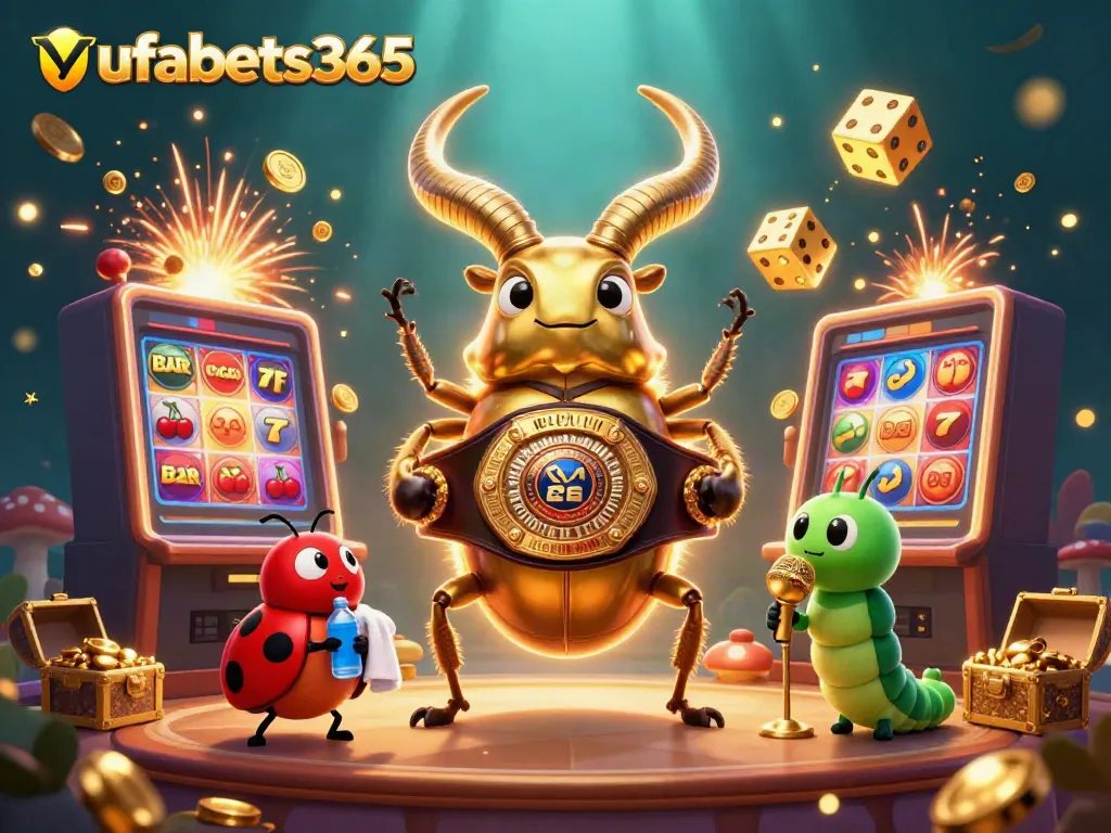 Experience ufabets365 excitement with a giant golden stag beetle boxing champion amidst vibrant casino elements.