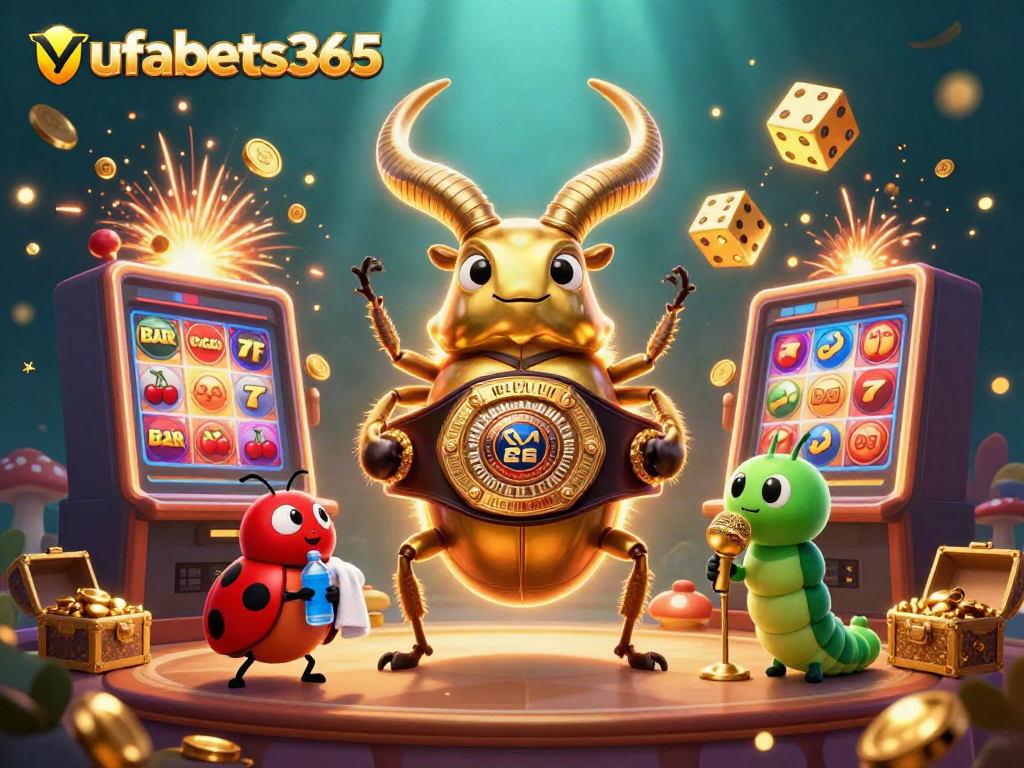 Experience ufabets365 excitement with a giant golden stag beetle boxing champion amidst vibrant casino elements.