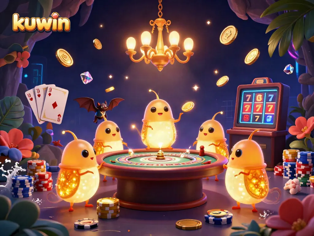 Kuwin's lively cave casino scene animated with glowworms and a bat dealer showcasing vibrant gambling elements.