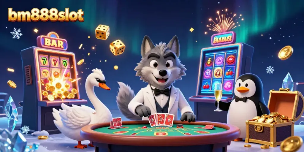 Experience the excitement at bm888slot with a vibrant 3D casino scene featuring a stylish wolf, swan dealer, and penguin sommelier.