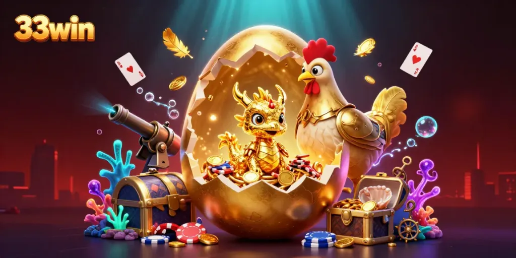Experience thrilling gaming at 33win with a golden dragon and treasure-filled scene.