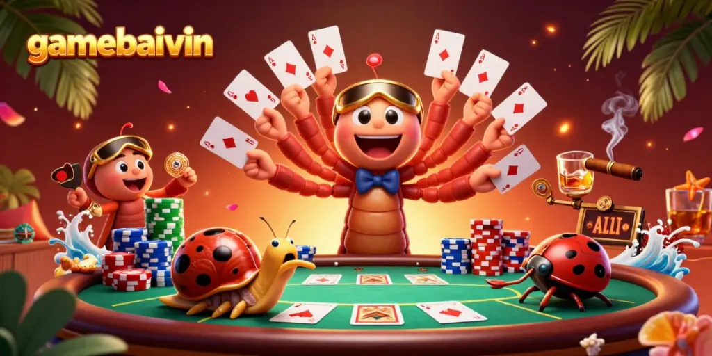 Engage with gamebaivin's vibrant casino atmosphere featuring a cartoon dealer and high-stakes action.