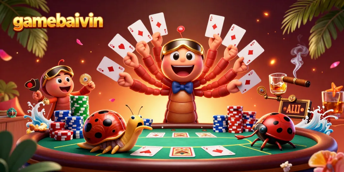 Engage with gamebaivin's vibrant casino atmosphere featuring a cartoon dealer and high-stakes action.