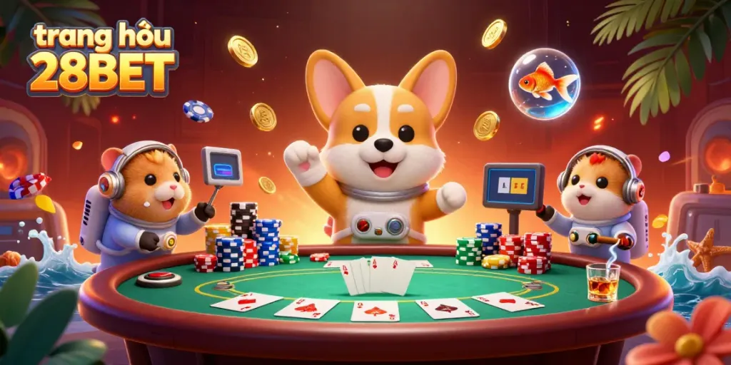 Experience the excitement at trang chủ 28BET with a vibrant casino space scene featuring floating poker elements and cartoon characters.