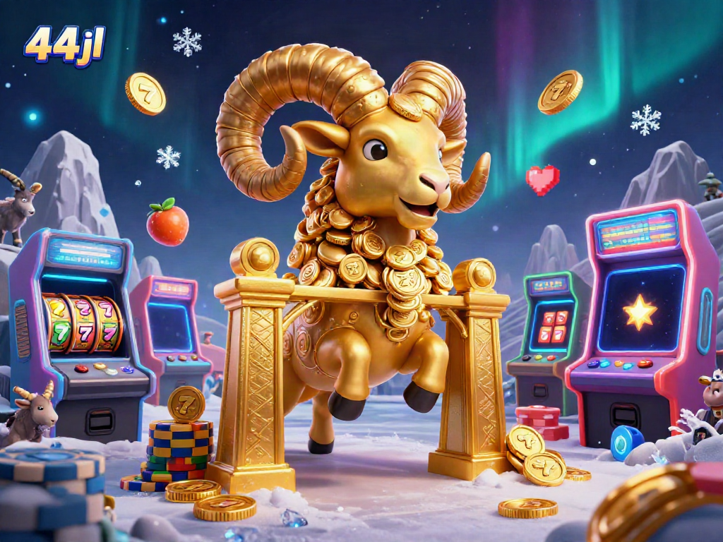Engage the excitement with 44jl's vibrant casino atmosphere featuring slot reels, golden ram, and arcade game elements.