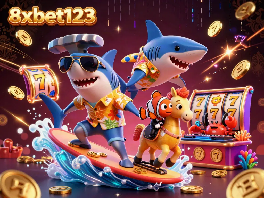 Join the excitement at 8xbet123 with a vibrant underwater casino scene featuring a shark and friends.