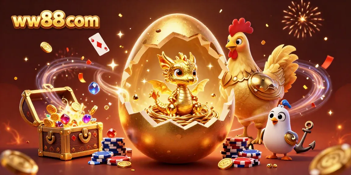 Engage in thrilling gaming at ww88 com with a golden dragon emerging from a treasure-filled scene full of poker chips.