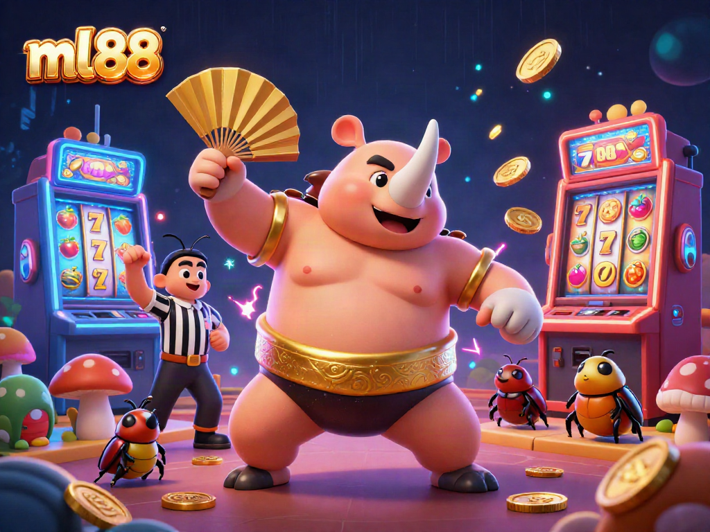 Experience the excitement of ml88's slot machines with a vibrant, engaging 3D scene of a beetle casino showdown.