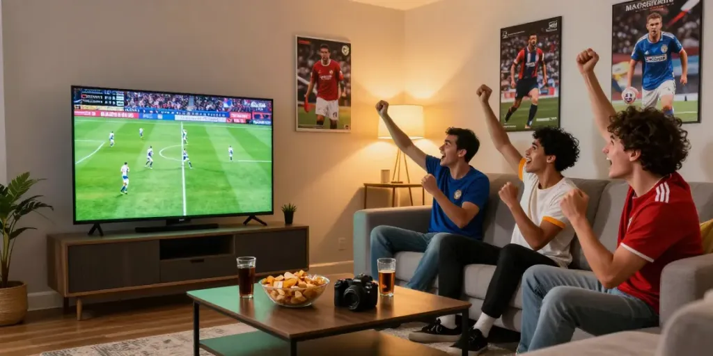 Gavangtv football fan enjoying live match with friends at home.