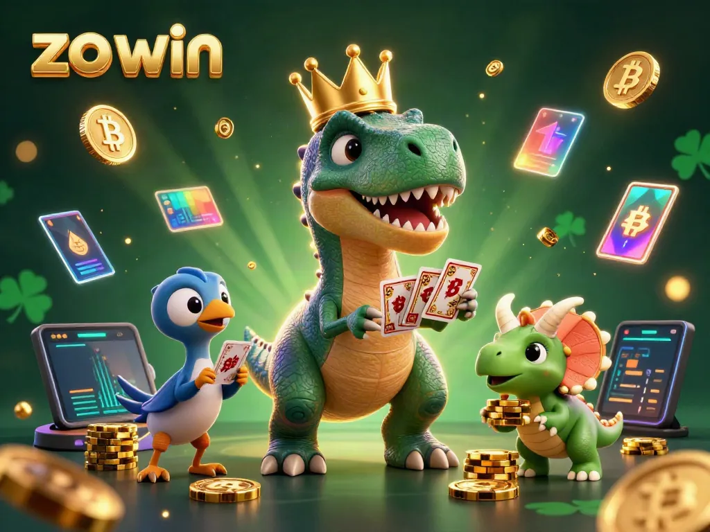 Engage in exciting gameplay at zo win, where a fun T-Rex, pterodactyl, and triceratops play cards and stack chips.