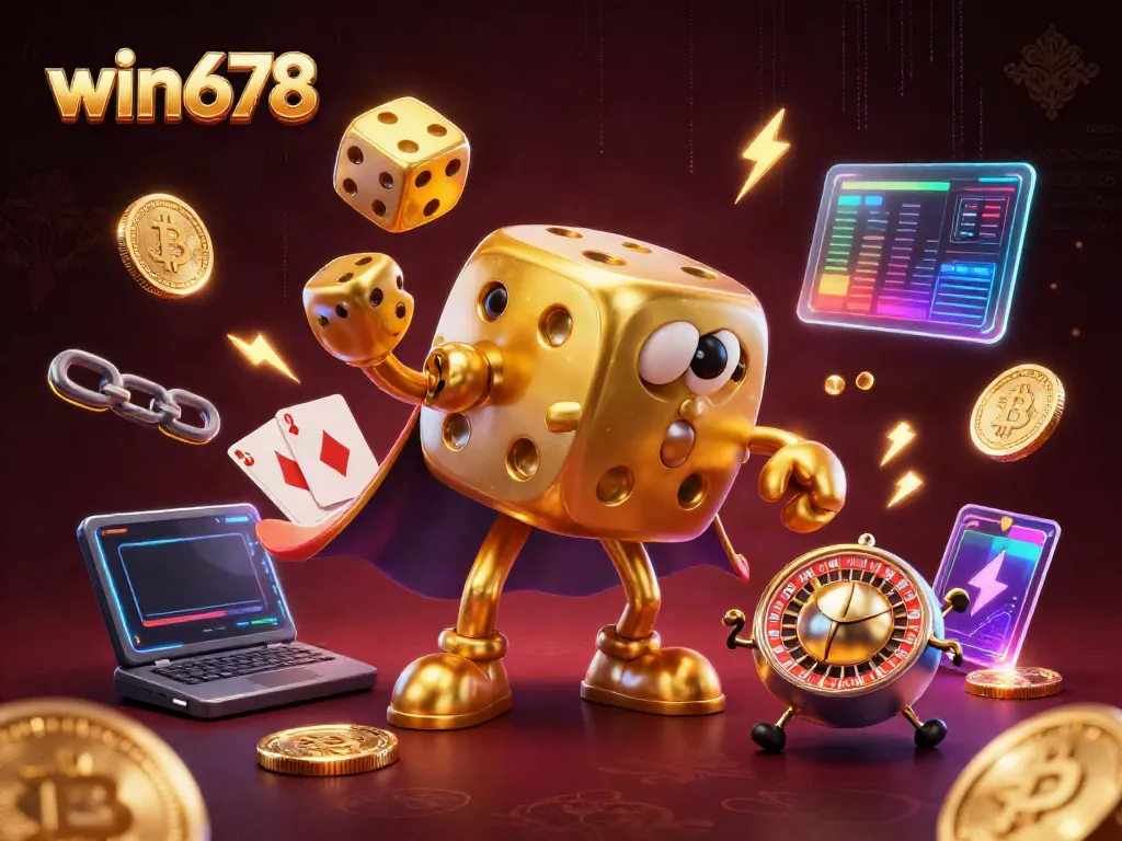 Win678 showcases a vibrant 3D illustration featuring a golden dice golem and gaming elements, enhancing your casino experience.