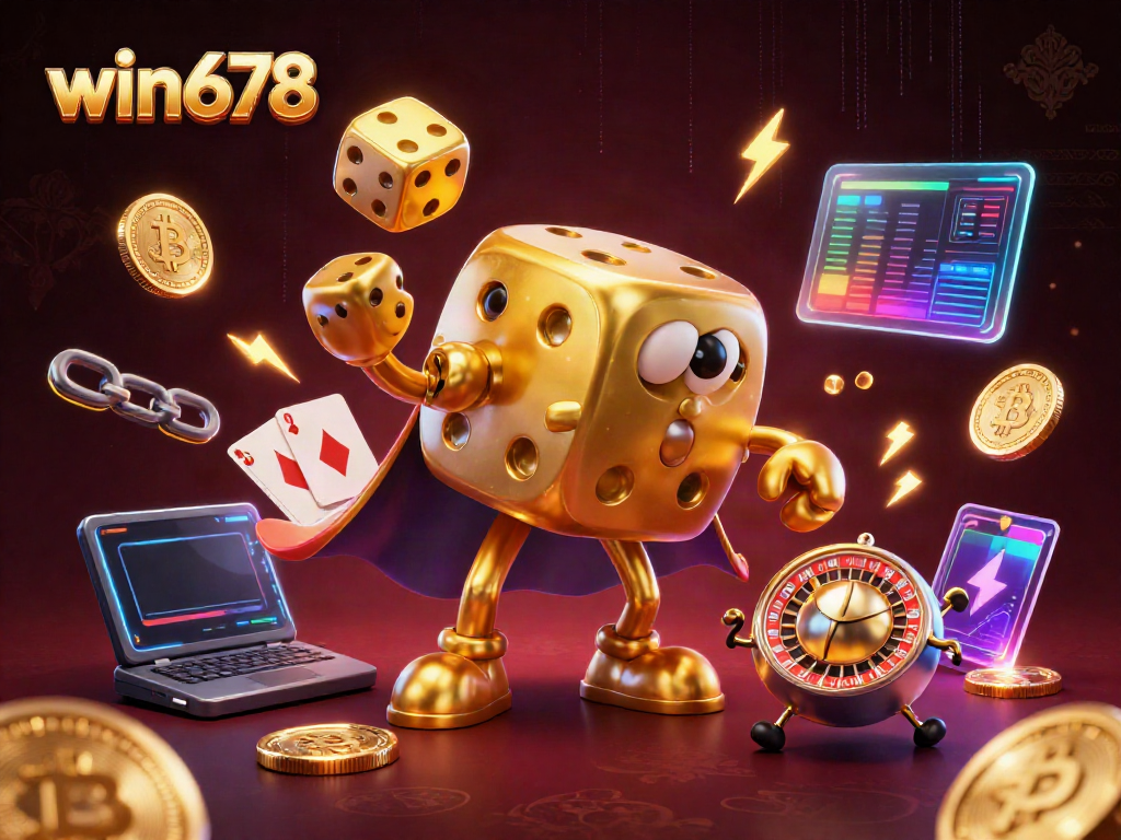 Win678 showcases a vibrant 3D illustration featuring a golden dice golem and gaming elements, enhancing your casino experience.