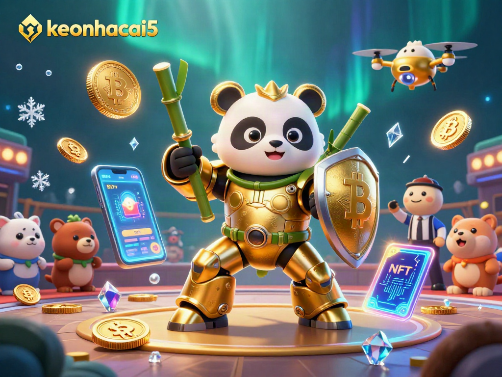 Engage with the keonhacai5 experience in a thrilling cartoon mech-suit arena showcasing crypto elements.