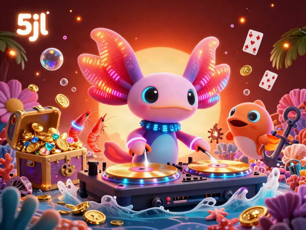 Experience the vibrant underwater casino scene with 5jl's stellar axolotl DJ amidst golden treasure