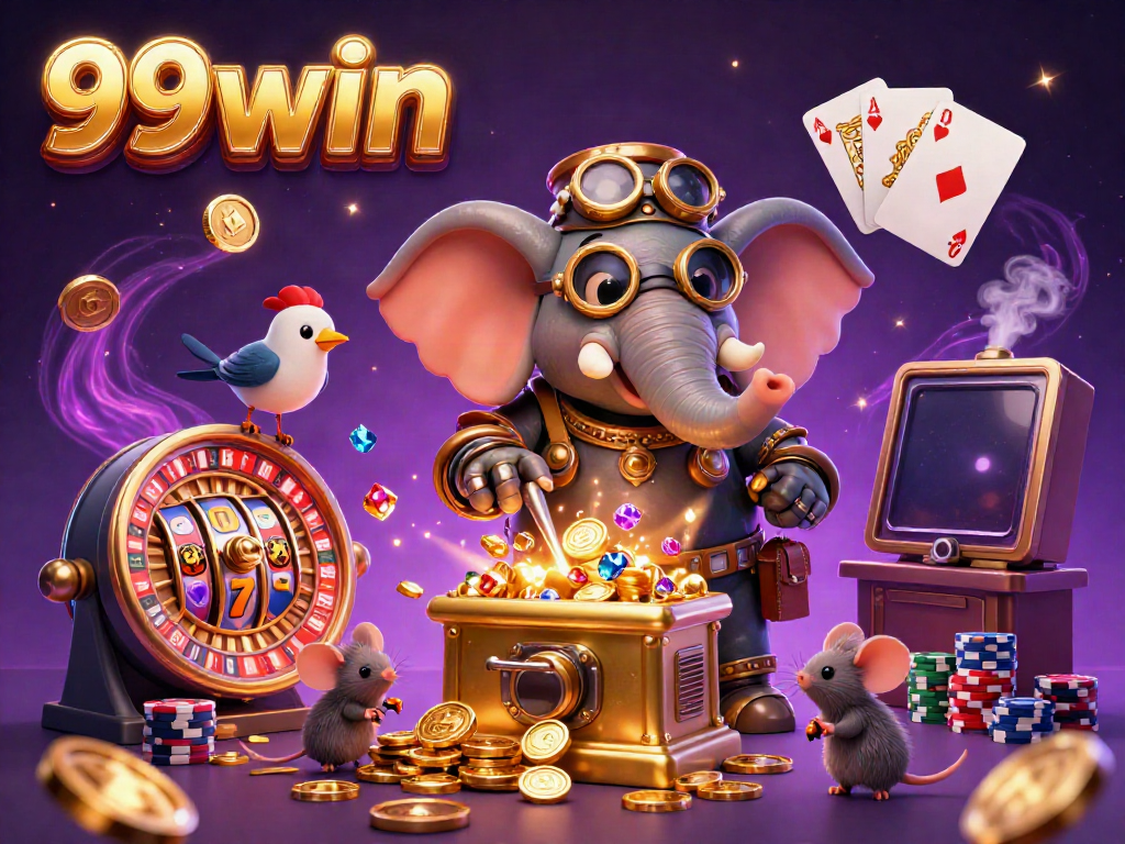 Experience the thrill of winning at 99win with a vibrant steampunk casino scene featuring a slot machine and cascading coins.
