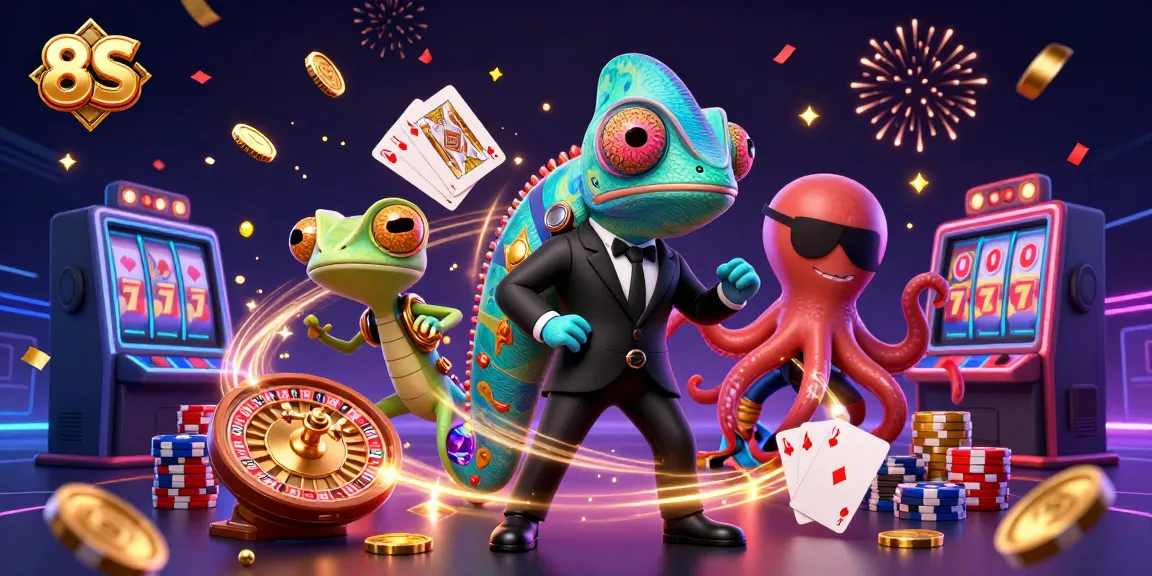 Experience thrilling action with 8S as colorful characters collide in a dynamic casino scene.