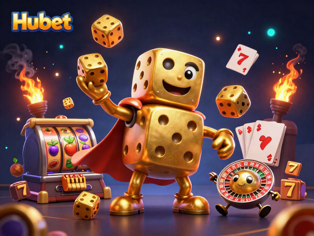 Engage with Hubet's dynamic slot gaming action in a colorful, animated casino scene.
