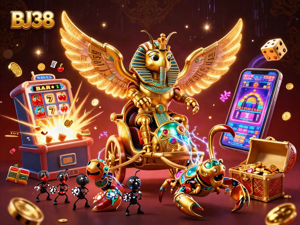 BJ38 showcases an exciting 3D scene with a golden scarab beetle and dynamic casino elements.