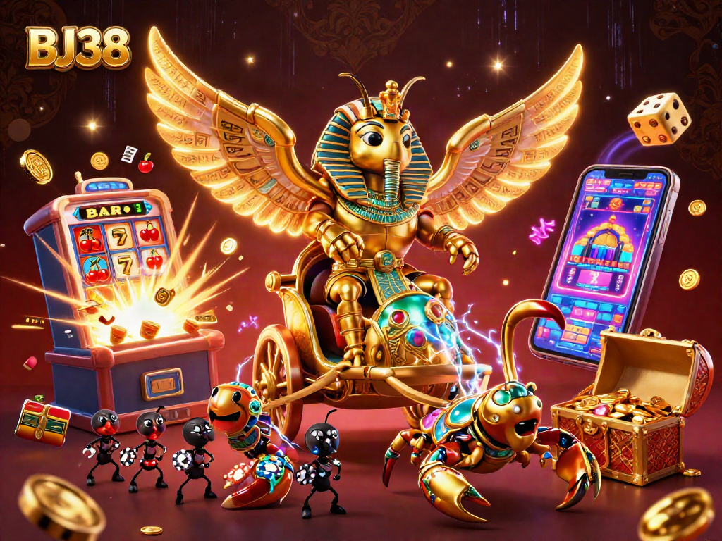 BJ38 showcases an exciting 3D scene with a golden scarab beetle and dynamic casino elements.