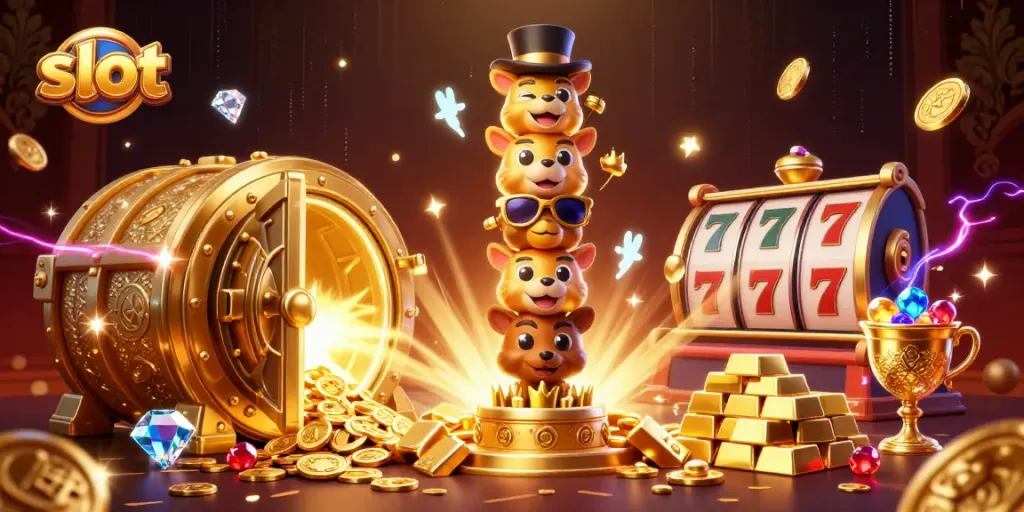 Experience thrilling slot games with a vibrant illustration featuring golden treasures and animated characters.
