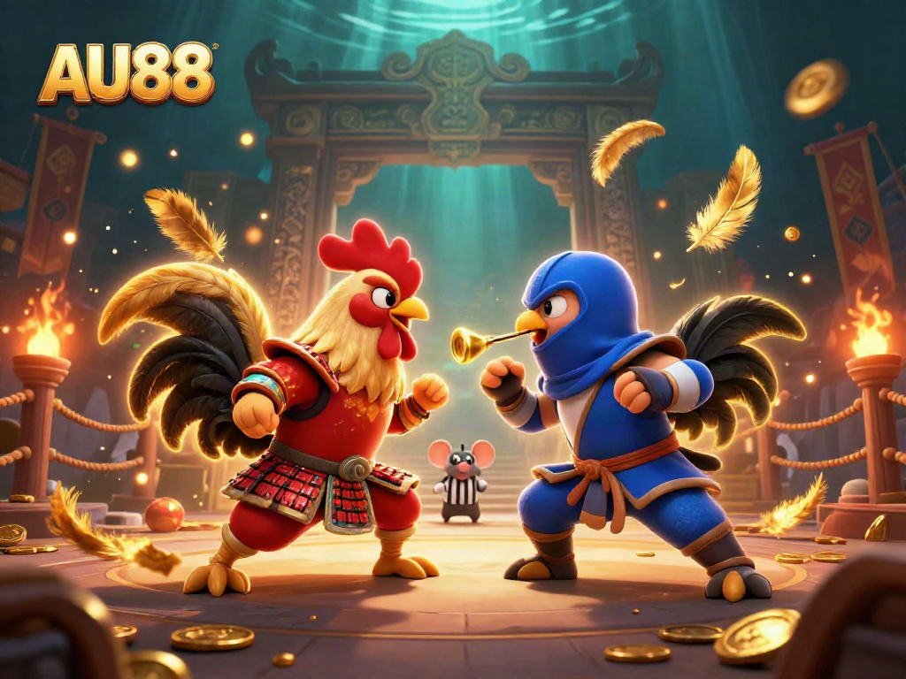 Experience thrilling standoffs at AU88 with fighting roosters, rich casino visuals, and dynamic elements.