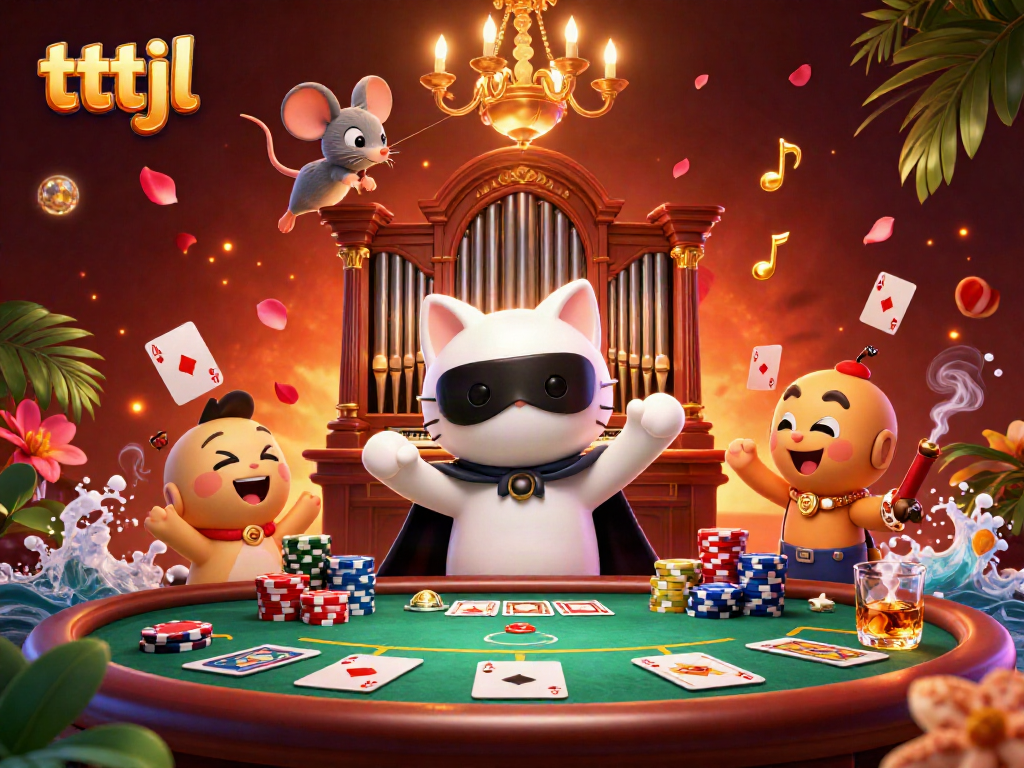 Engage with tttjl in this dynamic casino illustration featuring a phantom white cat at an organ.