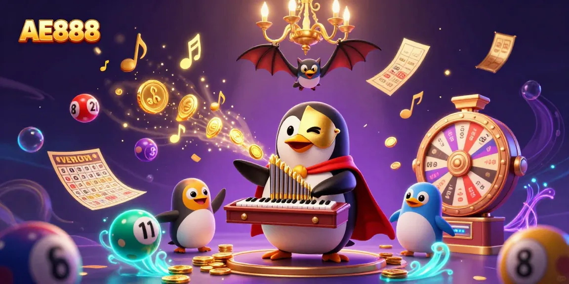 Experience thrilling gameplay with AE888 featuring a whimsical penguin and dynamic casino elements.