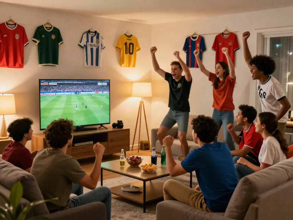 Friends enjoying a live football match together while celebrating Thapcamtv's exciting content.