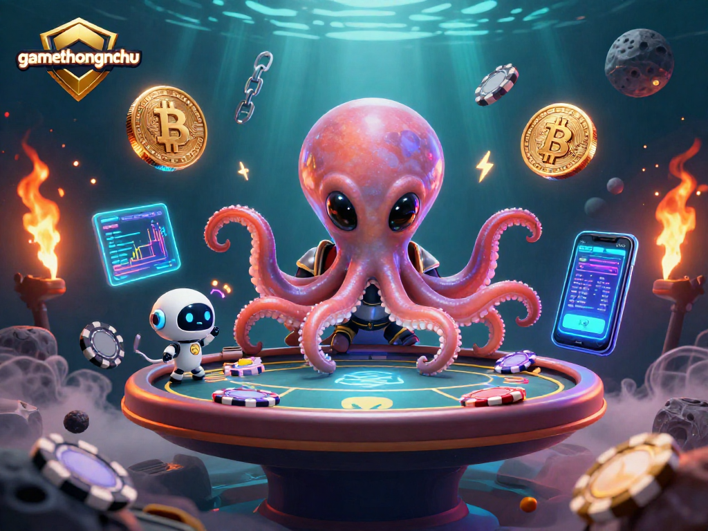 Engage at gamethuongnohu with thrilling poker action featuring an alien octopus and glowing crypto elements in space.