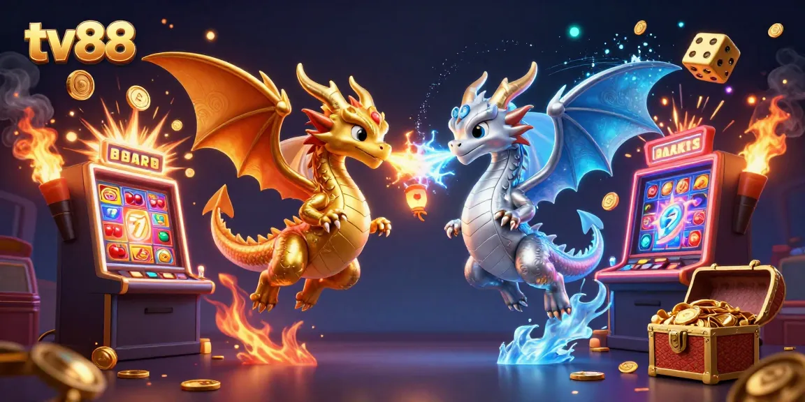 Engaging scene featuring tv88 with vibrant dragons, slot machines, and gaming elements, depicting thrilling casino excitement.