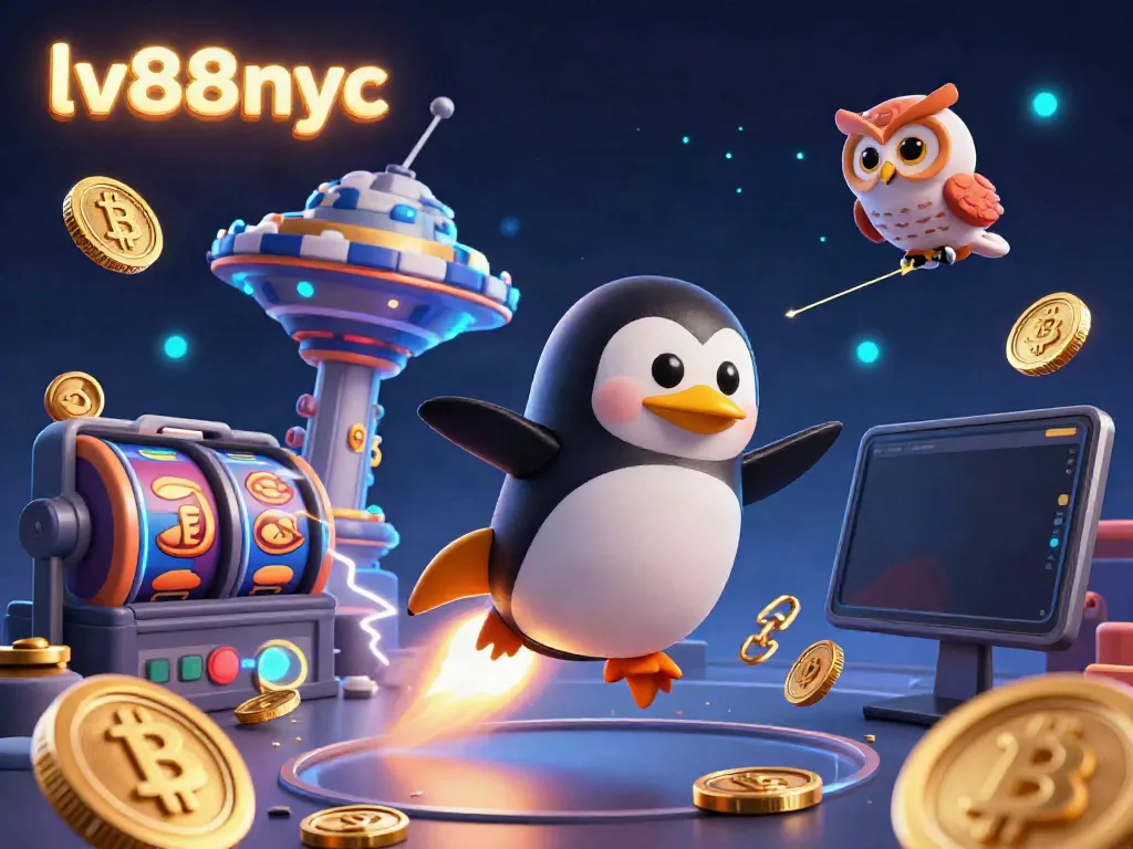 Experience the excitement of lv88nyc with a golden penguin racing to a casino station, surrounded by cryptos and slots.