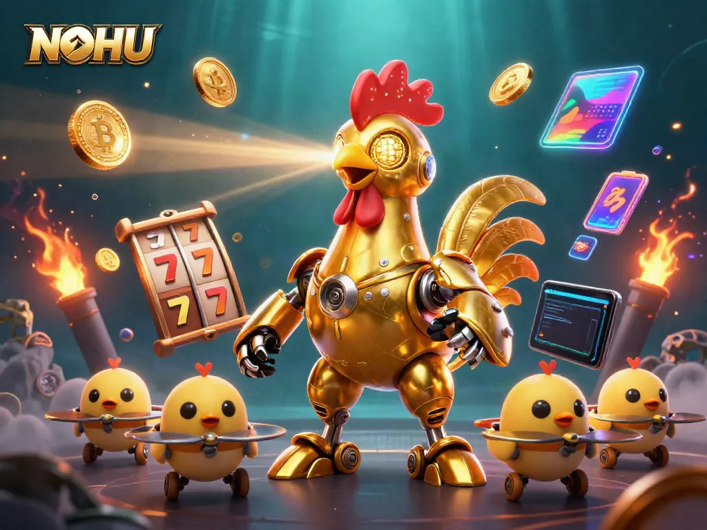 Engage with the thrill of NOHU casino games featuring a futuristic golden rooster robot amidst vibrant gaming elements.