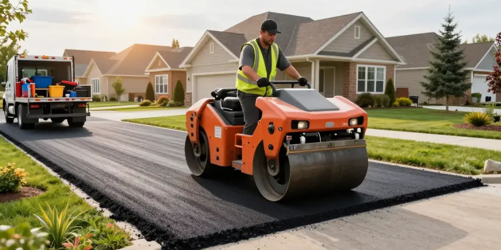 Driveway paving contractor Edmonton performing asphalt installation at a residential property.